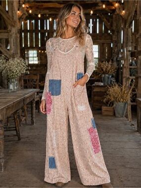 POL Pink Floral Patchwork Wide-Leg Jumpsuit
